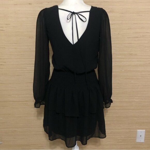 1.STATE (Revolve) RICH BLACK SMOCKED LONG SLEEVE RUFFLE MINI SWIRL DRESS XS - Picture 10 of 13
